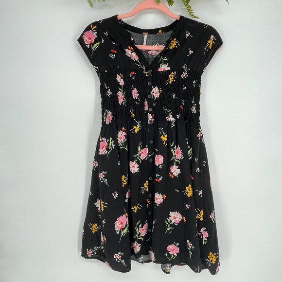 Free People Greatest Day Smocked Dress Womens XS Black Floral Midi - Picture 2 of 7